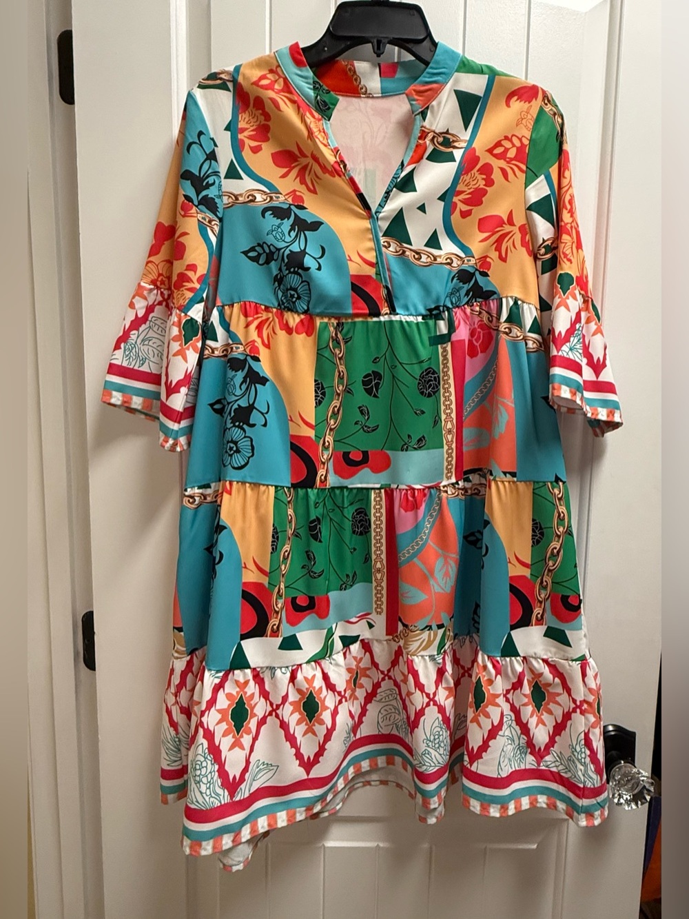 JJ Designs Boutique Multicolor Scarf Print Tiered Boho Midi Dress Size Small